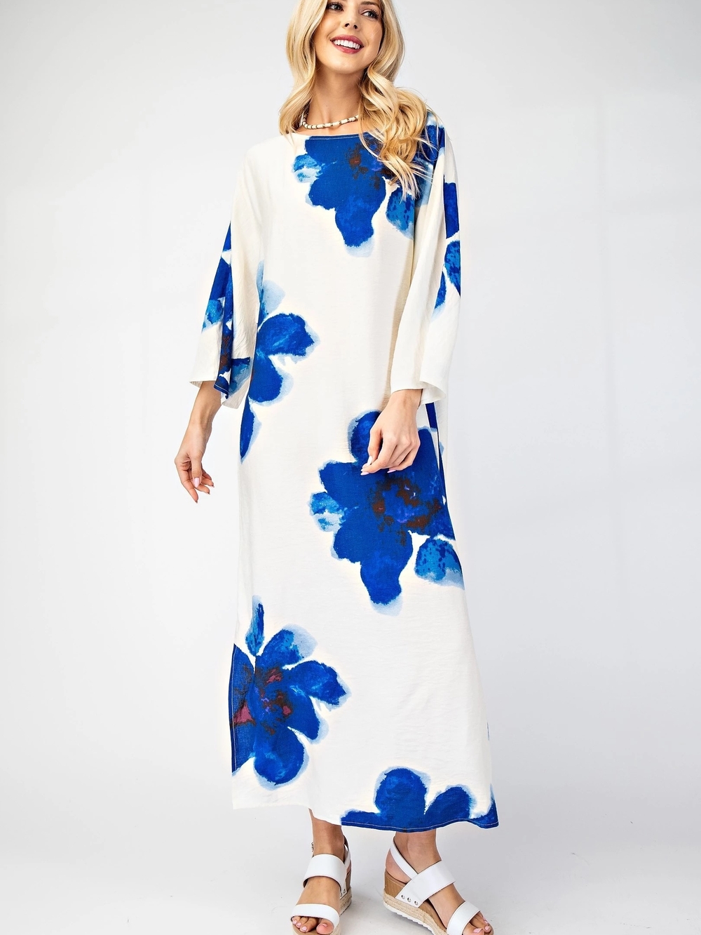 White Maxi Dress with Blue Floral Print